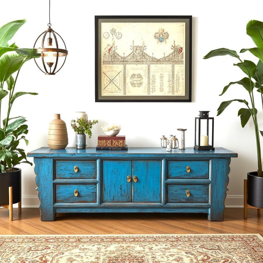 Sideboard mit Tueren mit Ablagen blau